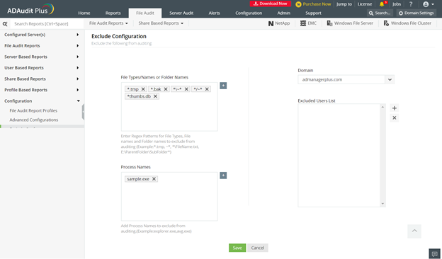 Figure 1. La fonction de configuration d'exclusion vous aide à exclure certains fichiers et types de fichiers du processus d'audit.