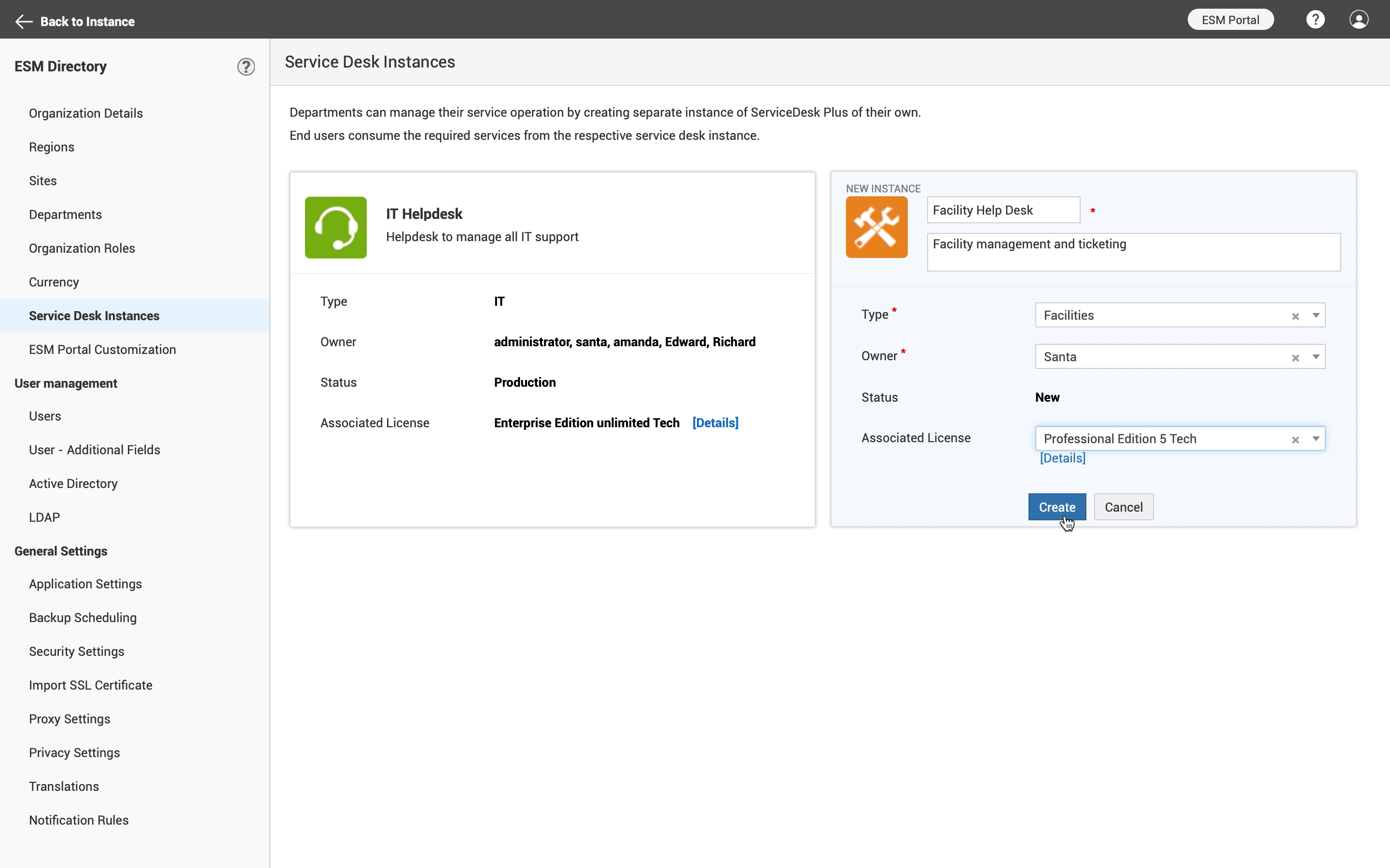 Enterprise service desk instances